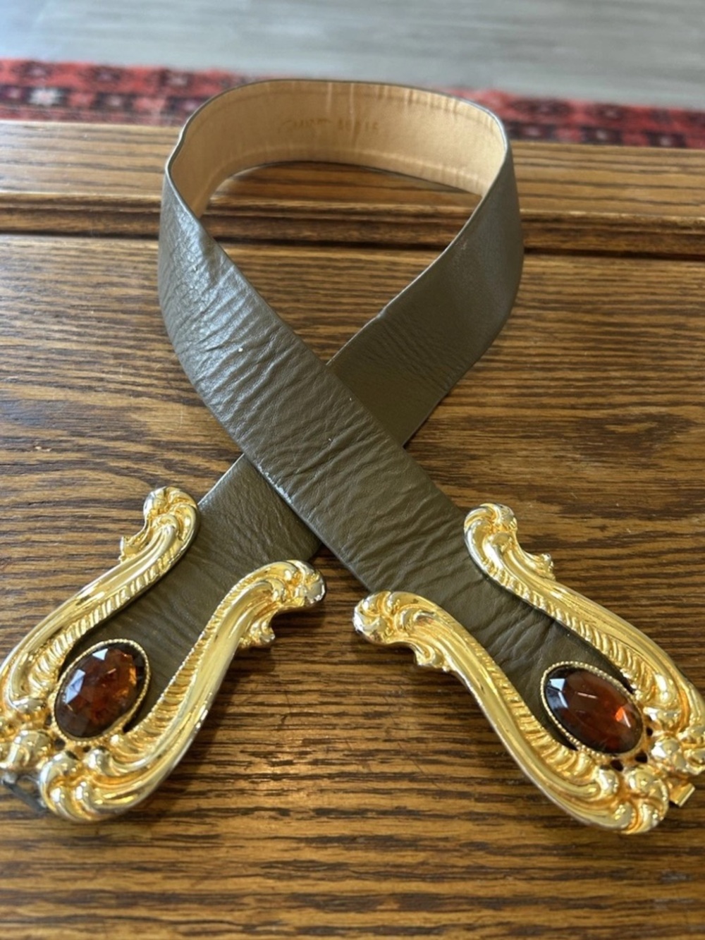 Vintage Calderon Belt Gold Ornate Buckle Amber Stone Leather Boho Adjustable